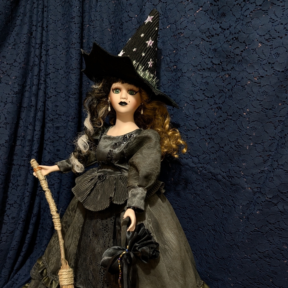 Witch Porcelain Doll with Black Hat & Dress (Ooak) Collectable Halloween Decor